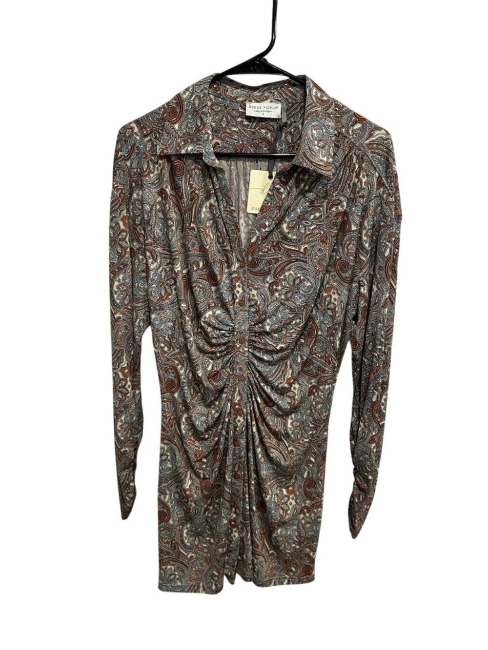 Dress Forum Small Paisley Print Ruched Button Up Dress Boho Retro NWT